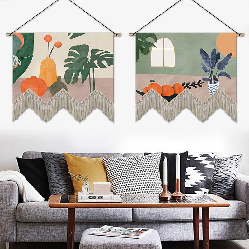 北欧手绘植物挂毯布艺卧室客厅装饰画床头沙发背景墙挂画走廊壁画图片