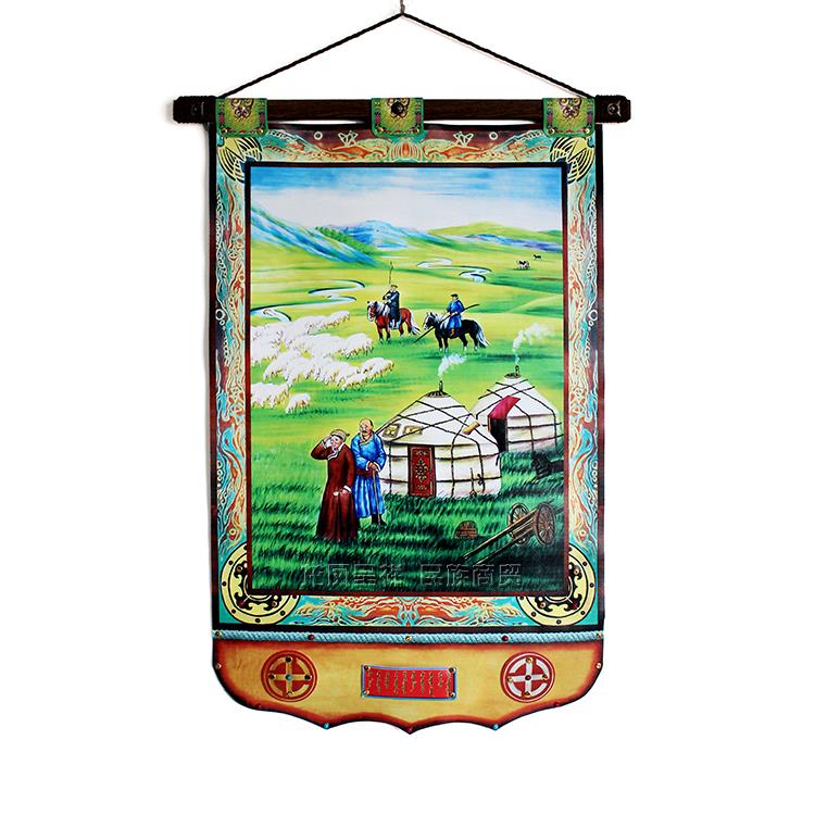 蒙古皮画草原风情成吉思汗装饰挂画蒙餐厅风景彩色内蒙古手工艺品图片