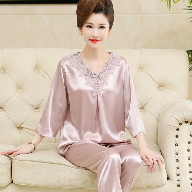 春秋季中年妈妈睡衣女秋冰丝可外睡衣/家居服套装