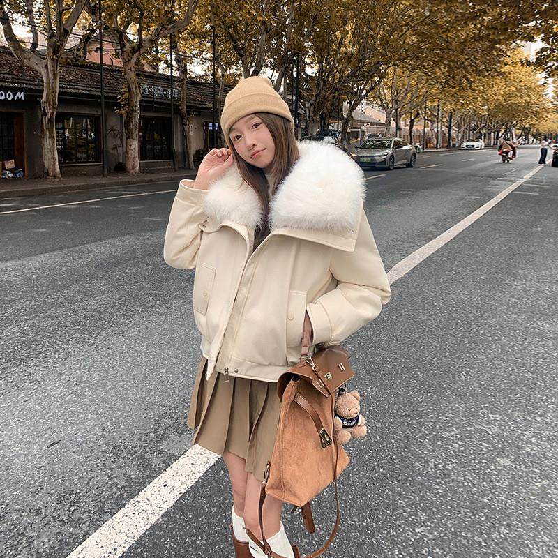 新款鹿皮绒大毛领棉外套女短款气质宽松小个子pu棉服冬季羽绒棉衣