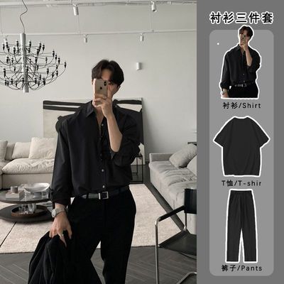 速发成熟稳重男装三件套高级感男生衣服搭配帅气韩系穿搭痞帅衬衫