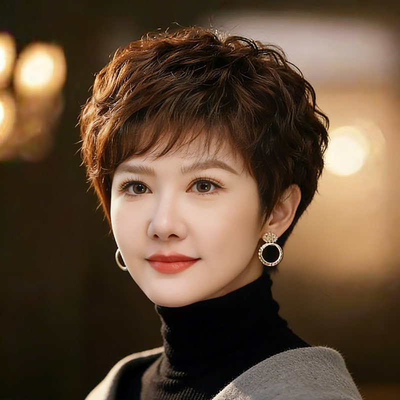 假发全头套女短发真人发丝妈妈款卷发头套自然全真发中老年假发套