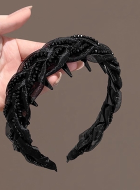 高颅顶网纱麻花发箍2025新款高级感串珠水晶头箍洋气时尚发卡头饰