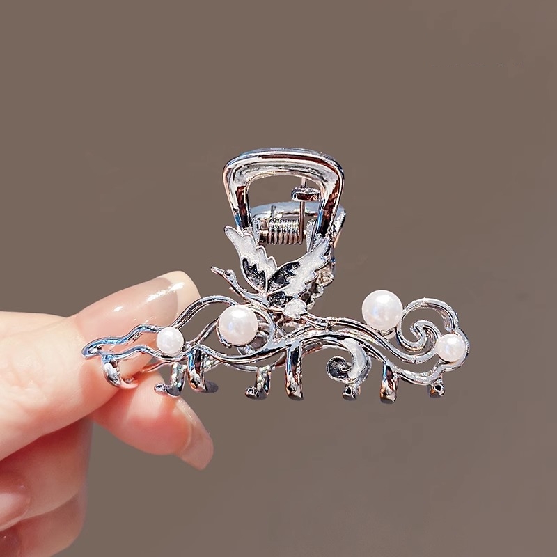 云中仙鹤国风银色抓夹女珍珠发夹