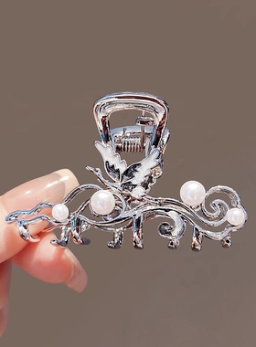 云中仙鹤国风银色抓夹女高级感珍珠发夹后脑勺半扎盘发鲨鱼夹头饰