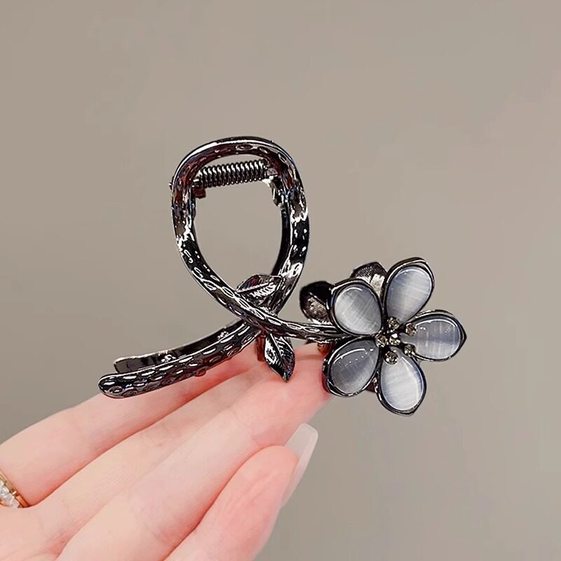 新款黑色猫眼石中号抓夹优雅花朵发夹后脑勺盘发鲨鱼夹小夹子发饰