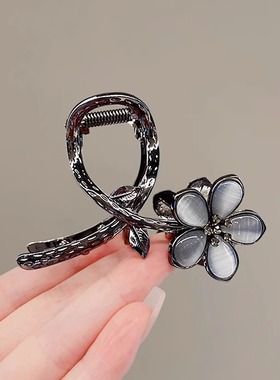 新款黑色猫眼石中号抓夹优雅花朵发夹后脑勺盘发鲨鱼夹小夹子发饰