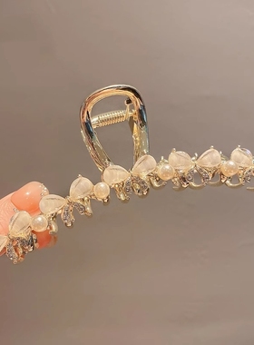 高级感蝴蝶结珍珠发夹金属锆石抓夹后脑勺鲨鱼夹网红发卡大号发饰