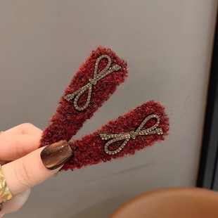 新年复古红色毛线发夹时尚洋气咖色侧边刘海夹女高级感掰掰夹头饰