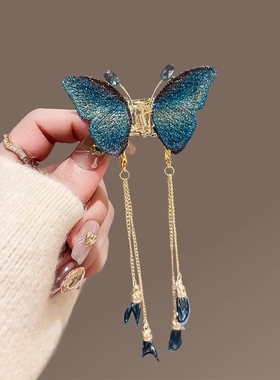 新中式刺绣蝴蝶抓夹超仙水钻流苏发夹2024新款后脑勺半扎古风头饰