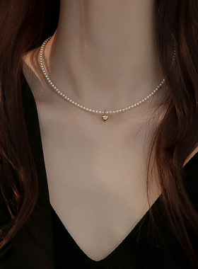 施家珍珠爱心项链女小米珠锁骨链