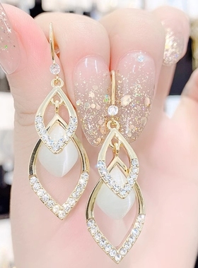 菱形猫眼石耳环2024新款百搭耳饰925银针防过敏耳坠高端大气耳钉