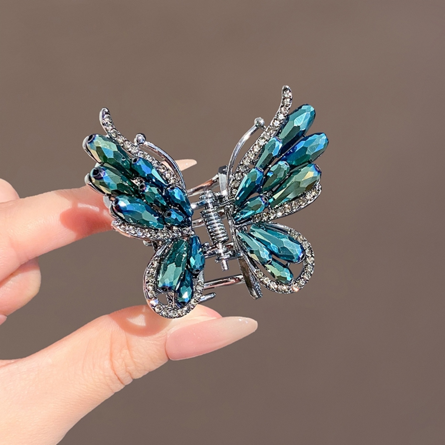 蓝色水晶闪钻蝴蝶发夹高级感抓夹