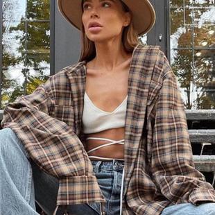 衬衣 宽松长袖 Loose sleeved shirt 欧美风新款 plaid 格纹复古衬衫