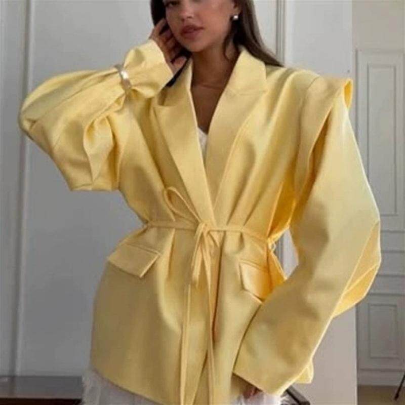 Women Causal Blazer Coats欧美设计感西装收腰系带垫肩纯色外套