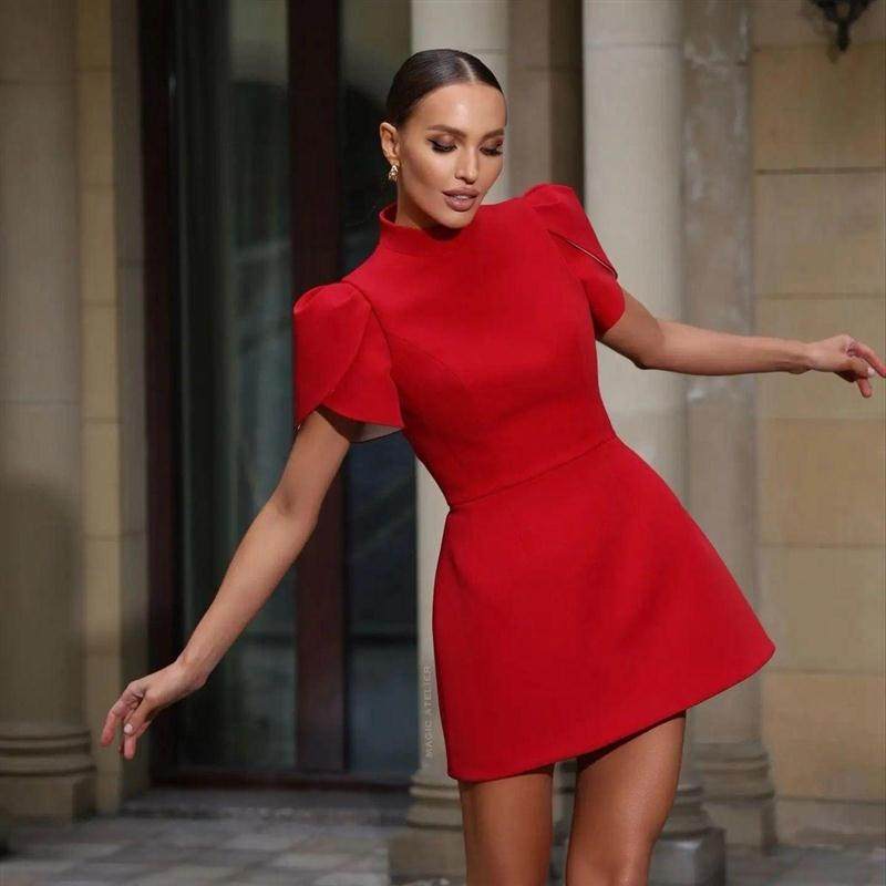 半高领短袖高腰蝴蝶结红色连衣裙 High Waist Bow Red Dress