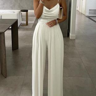 Strap Beaded Wide Cowl Jumpsuit荡领连体裤 Spaghetti Leg Neck