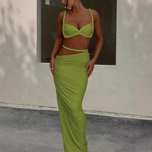 沙滩度假风泳衣性感露背挂脖吊带包臀半身裙两件套Sexy Set Party