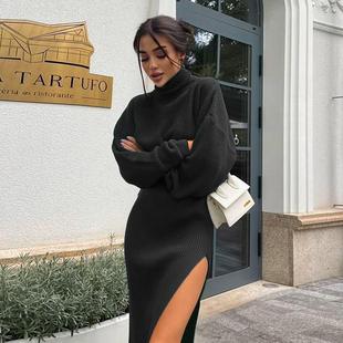 top&skirt 欧美时尚 sweater neck suit 性感高领毛衣裙两件套High