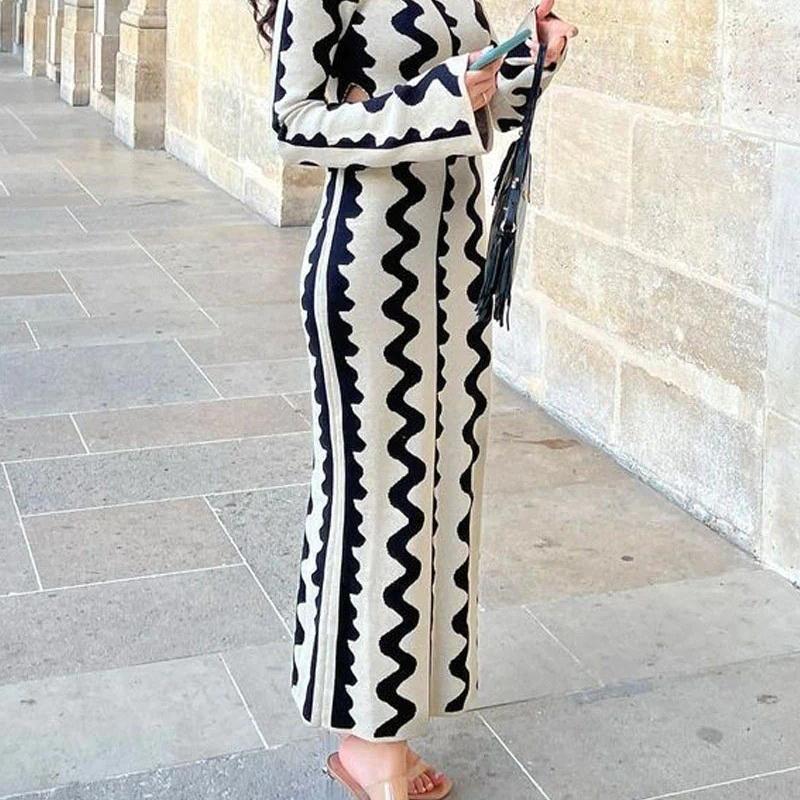 女士气质通勤长裙高腰长袖连衣裙 High Waist Long Sleeve Dress