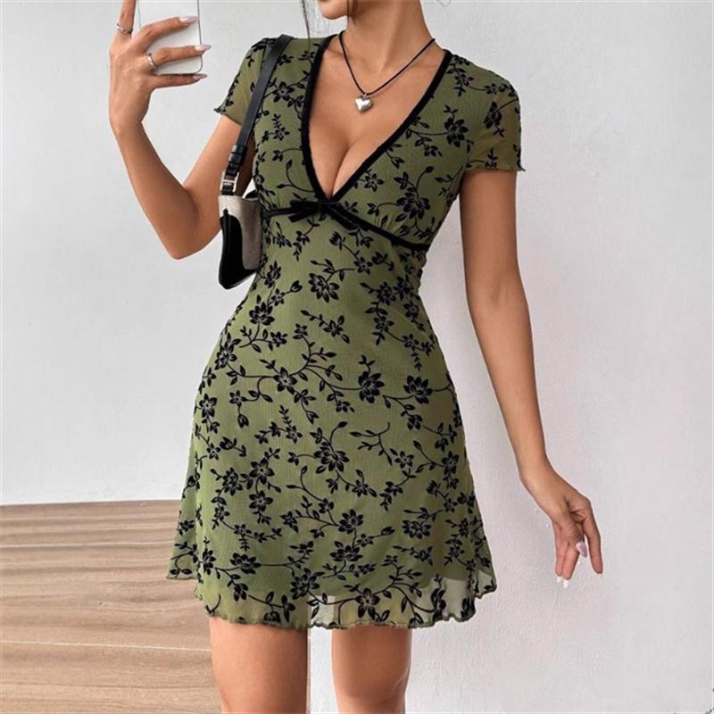 欧美性感V领收腰短袖短裙洋装 sexy bodycon mini dress women - 实物图