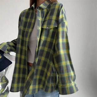 plaid 欧美复古翻领宽松衬衣格纹长袖 loose Lapel shirt 口袋衬衫