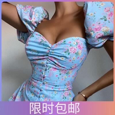 蓝色高腰方领泡泡袖短袖碎花连衣裙仙Bubble sleeve Floral Dress