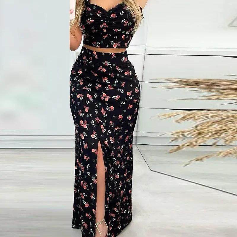 碎花开叉长裙套装 Ditsy Floral Print Top & Split Skirt Set