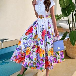 Print Dress下摆花卉收腰衬衫 Ruched Shirt 长裙 Buttoned Floral