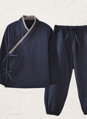 新品亚麻弹力f亲子装休闲中国风汉服男式复古唐装禅意居士服儿童