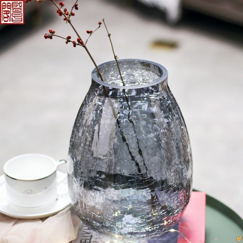 极速轻奢加厚裂纹玻璃花t瓶 特大号琉光冰花花瓶客厅家居插花摆件