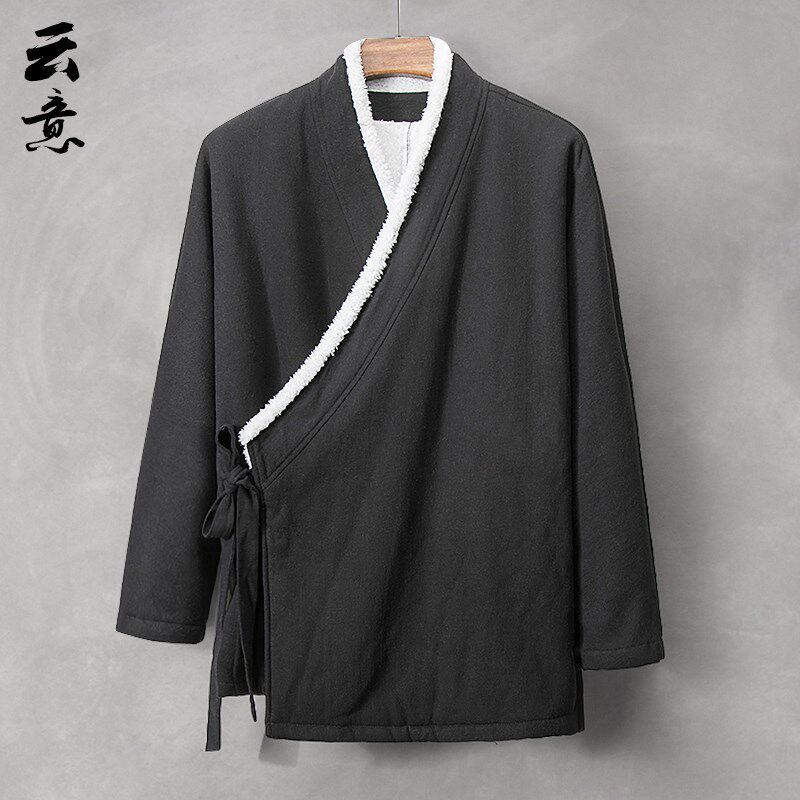 新品冬季中国风加绒加厚斜襟汉服外套男装古M风道袍居士服唐装禅