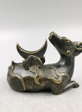 新品古玩铜器收藏犀牛望月摆件优质C黄铜 做工精致 造型雅致 古色