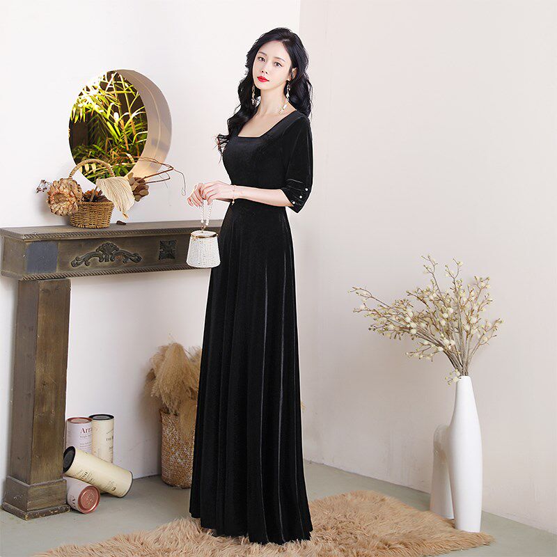 新品黑色晚礼服裙高端轻奢小众简约气质长款演出R服主持人年会指