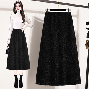 新品大码女秋f冬裙小个子亮片半身裙胖mm中长款显瘦遮肚子高腰a字