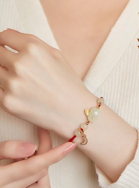 新品天然和田玉玉兔手链女转w运珠女红绳手绳龙年本命年手串母亲