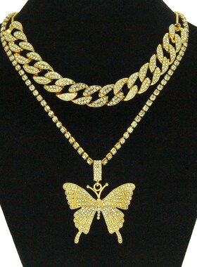 极速@.Cuba Double Layer Butterfly NecklaKce Thick Chain Neck
