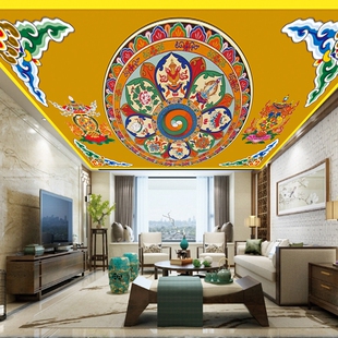 极速藏式吉祥八宝墙布花纹天花吊顶壁画藏族文P化壁纸九龙戏珠背