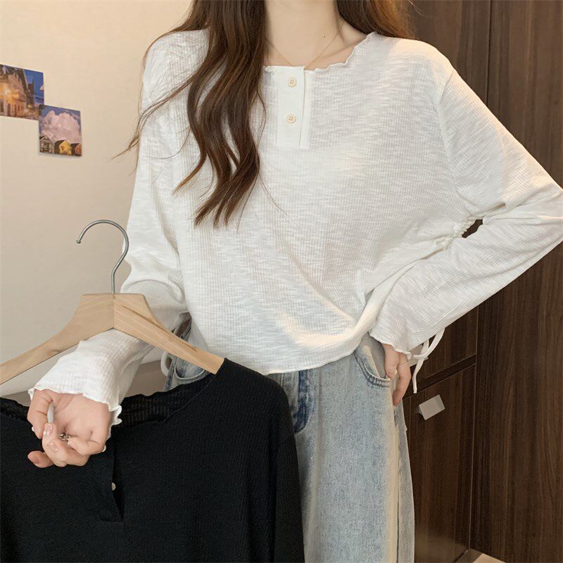 新品洋气独特别致正肩长袖T恤x女秋冬大码胖mm显瘦内搭打底衫短款