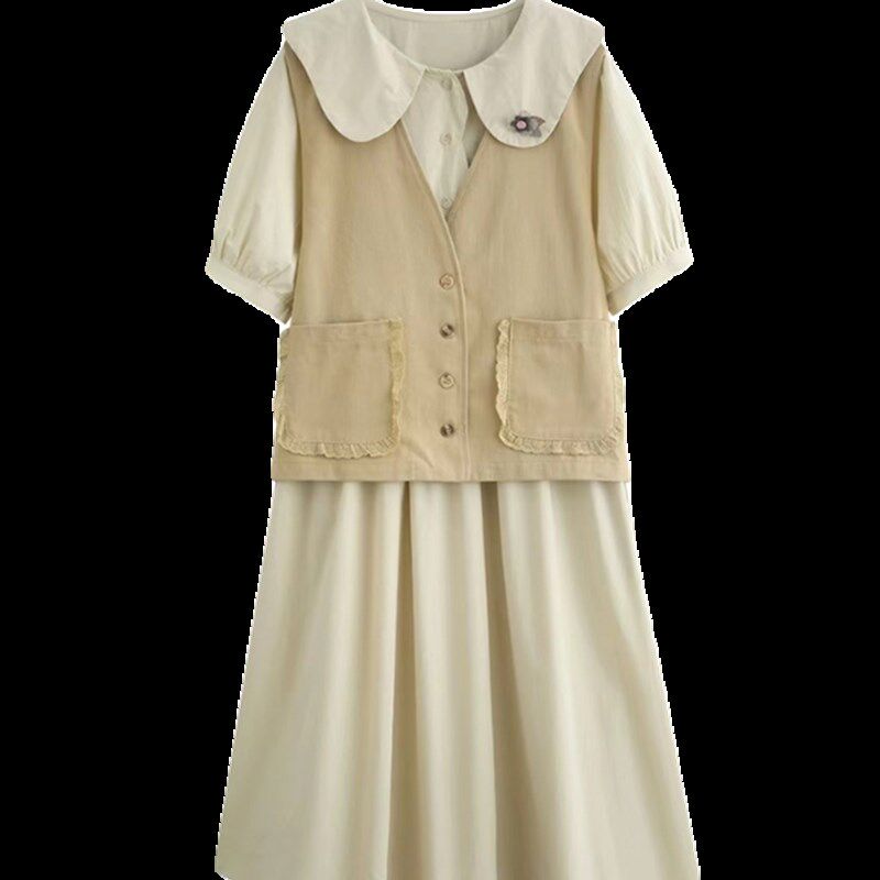 新品奶系减龄穿搭一整套背心马甲衬衫裙两件套Q装森女系连衣裙长