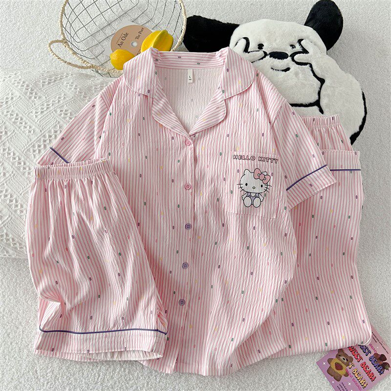 速发带季垫睡衣春秋夏胸薄款纯棉甜美可爱码点大波三件套家居服