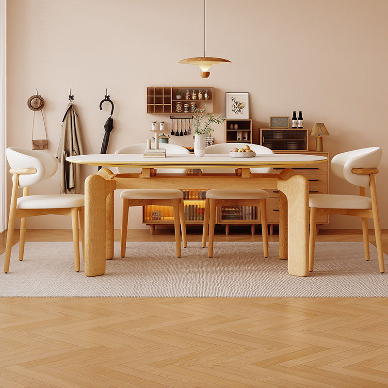 速发实木岩板餐桌可变圆桌伸缩新油风餐0椅2桌24奶款小户型