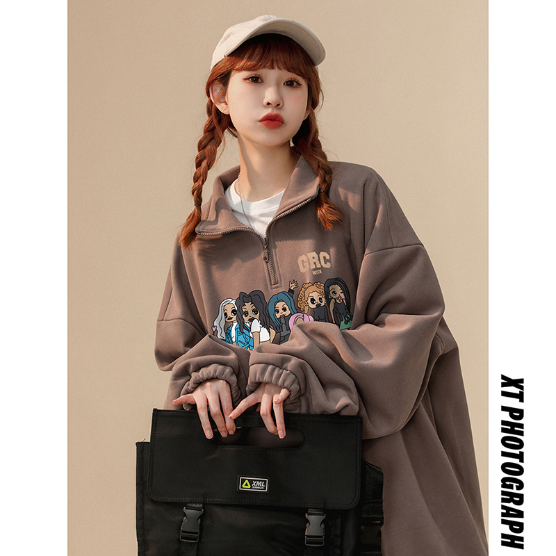 速发艺术生风格卫衣2024新款s闲印花休街over高ize半拉链外套潮