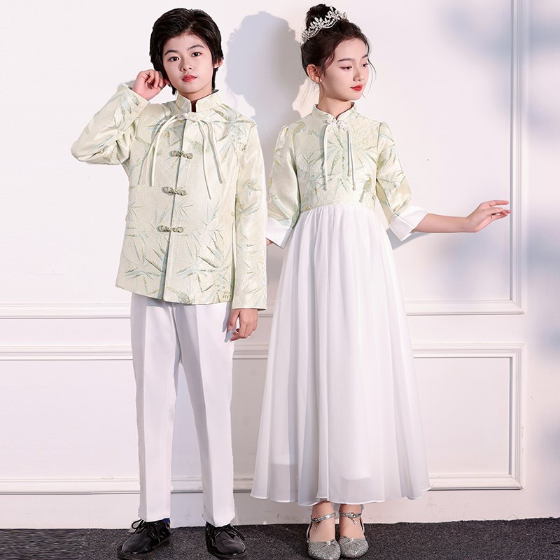 速发儿童学生合唱团演出服绿色中山装元旦舞台表演服装朗诵小主持