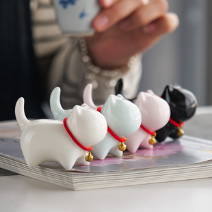 速发猫铃铛咪瓷摆件可爱宠猫陶桌面创意白瓷茶小茶玩可养装饰动物