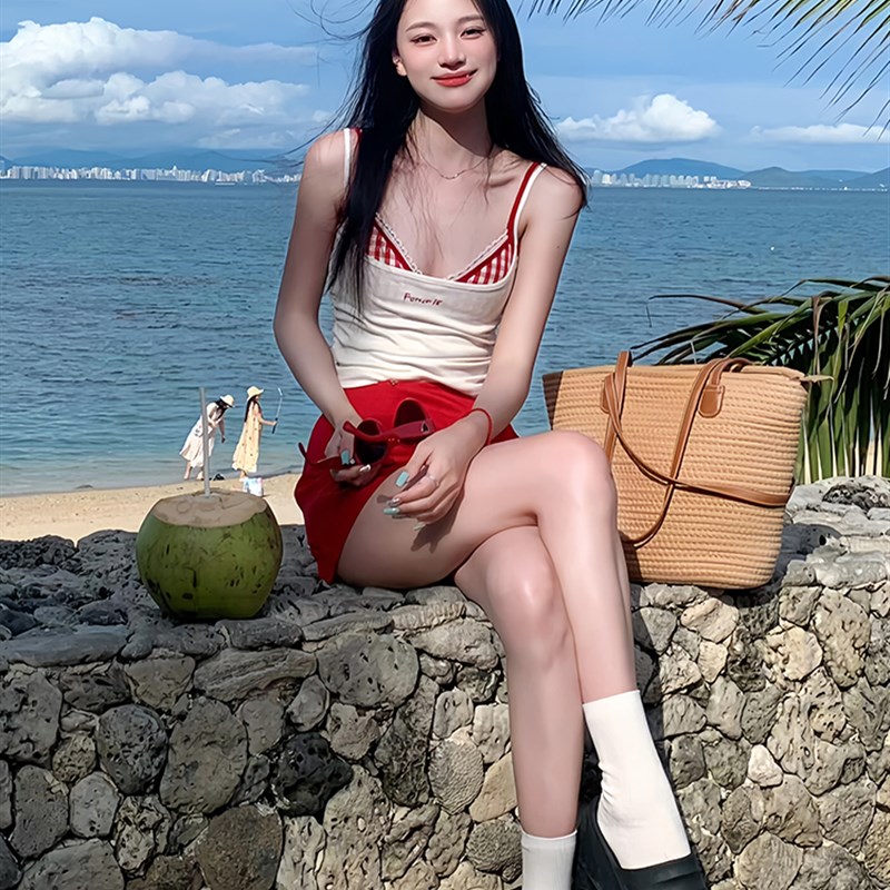 速发高级裙复古少格子红分体比基尼性感辣妹小胸纯欲感式泳装