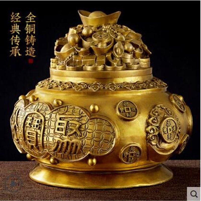 速发铜聚宝盆纯铜开宝盆摆招桌面带盖聚盖件财聚财五路财神聚宝盆