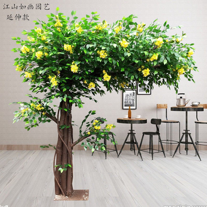 速发彷真桂花树海棠花假树大型室内装饰酒店商场造景落地摆件实木