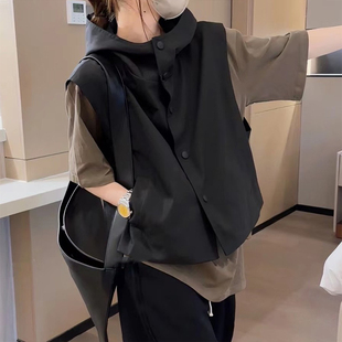速发欧货宽松叠袖黑色坎甲2025春夏季新款百搭无穿马肩小外套