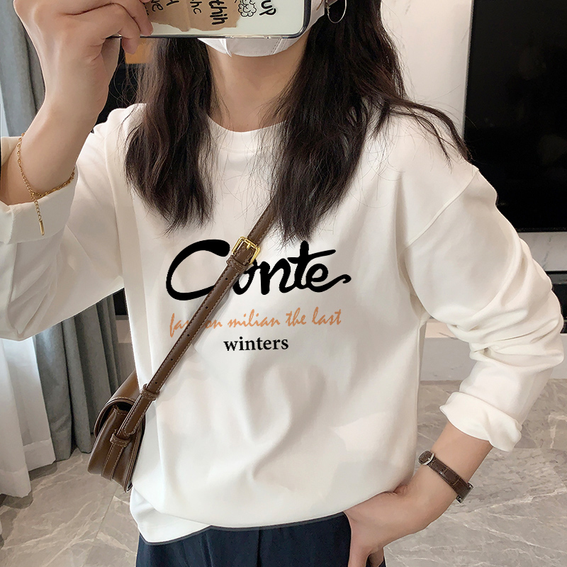 速发白长纯棉打底衫士春恤025新款宽松圆领色袖t2洋气上衣